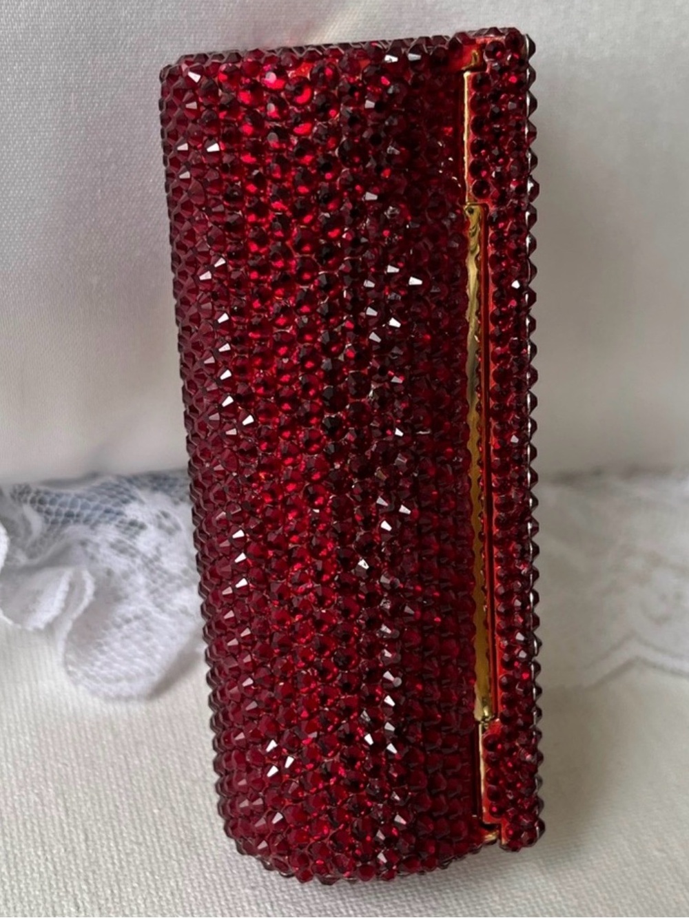 Judith Leiber Red Crystal Lipstick Compact Mirror Case, Like New